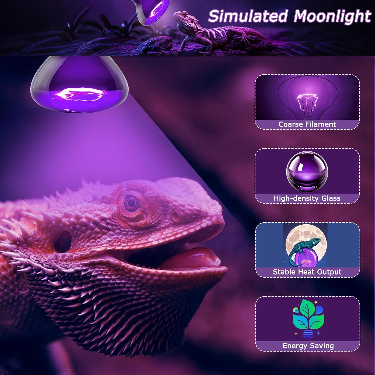 Reptile Moonlight Bulb 60W – Soft Purple Night Light for Nocturnal Viewing, Sleep-Friendly, 2000H Life, E26 Base