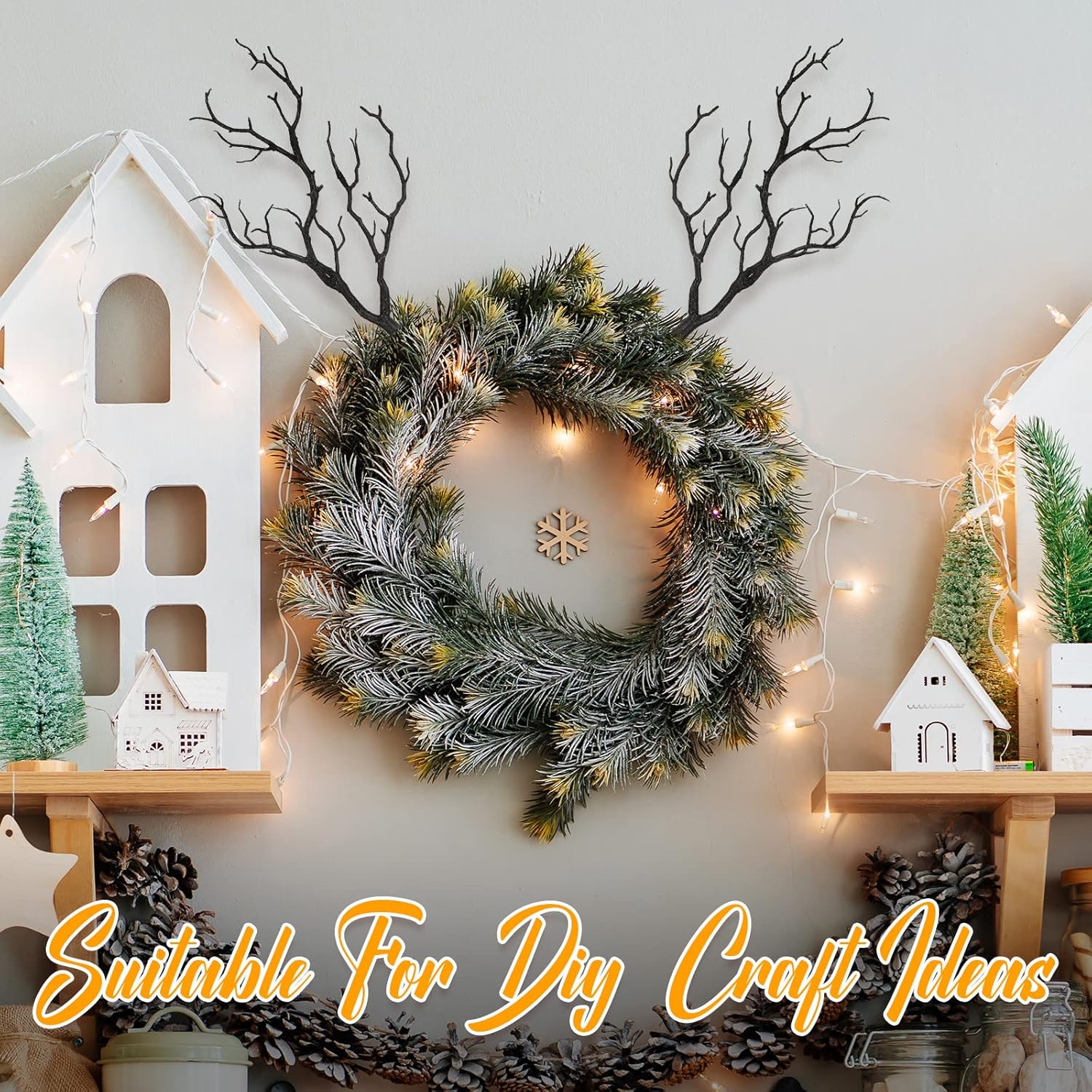 Geosar 13.8 Inch Small Manzanita Branches Plastic Faux Branches Artificial Antler Shaped Tree Branch Decorative Plant Twigs for Home Wedding Table Centerpiece Festival Decors(Glitter Black,10 Pieces)