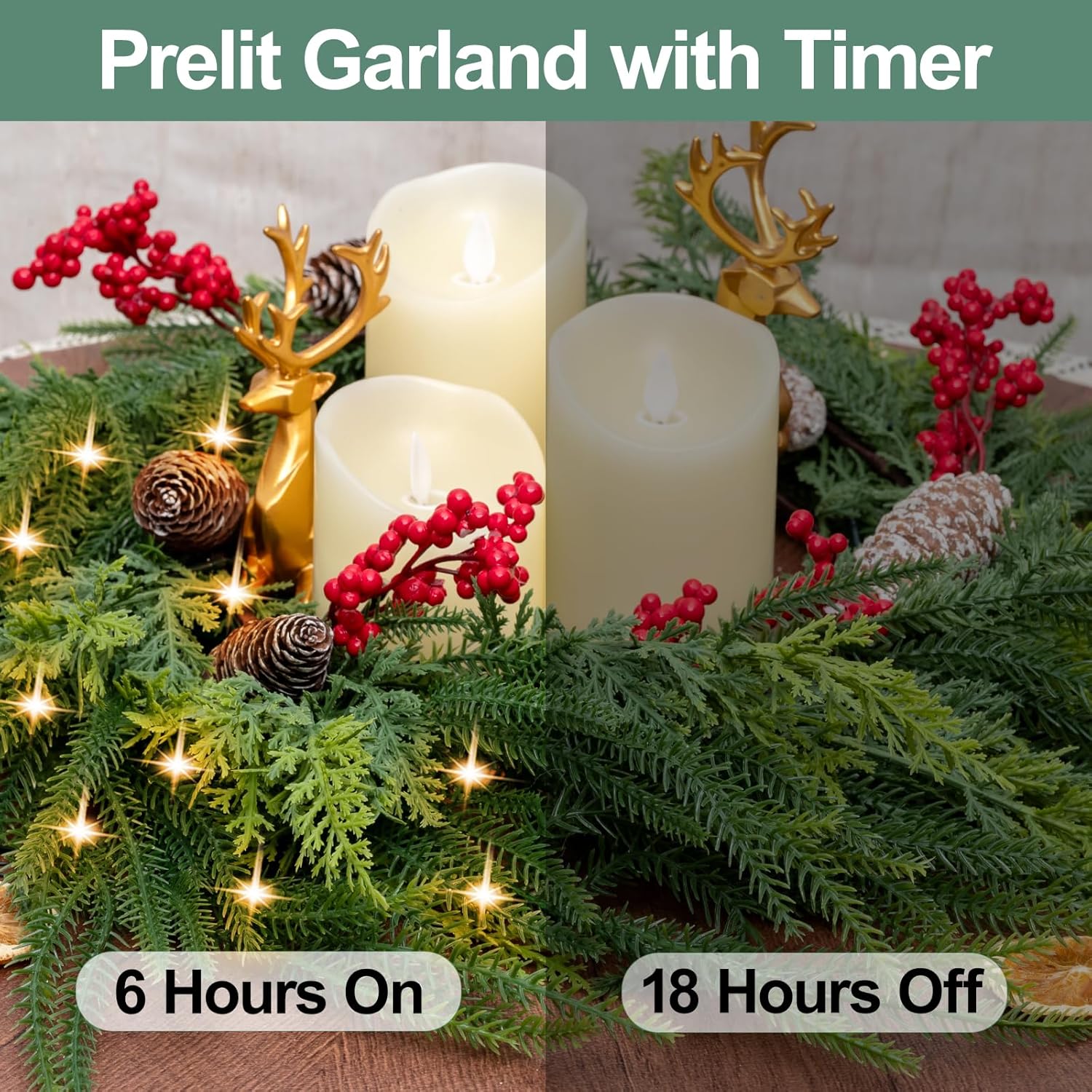 6.5FT Christmas Garland with Lights,Prelit Christmas Decorations,Lighted Garland with Battery Operated,Denser Realistic Norfolk Pine & Cypress Greenery Home Decor for Mantle Fireplace Table