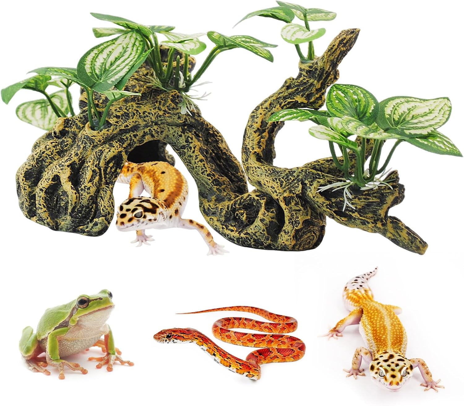 PINVNBY Resin Branch for Reptile Tank,Crested Gecko Climbing Branches with Hideout Cave Bearded Dragon Tank Accessories Lizard Terrarium Habitat Plant Decorations for Snake Gecko Spider Frog(Bronze)