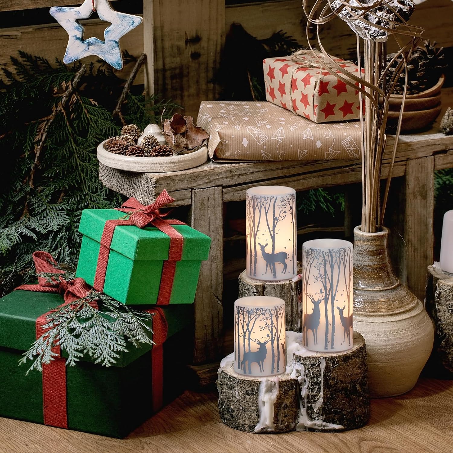 GenSwin Flameless Candles with Timer, Christmas LED Flickering Candles Real Wax with Silver Deer Decals, 3 Pack Pillar Fake Candle for Winter Indoor Fireplace Christmas Decor(D3” x H4”5”6”)