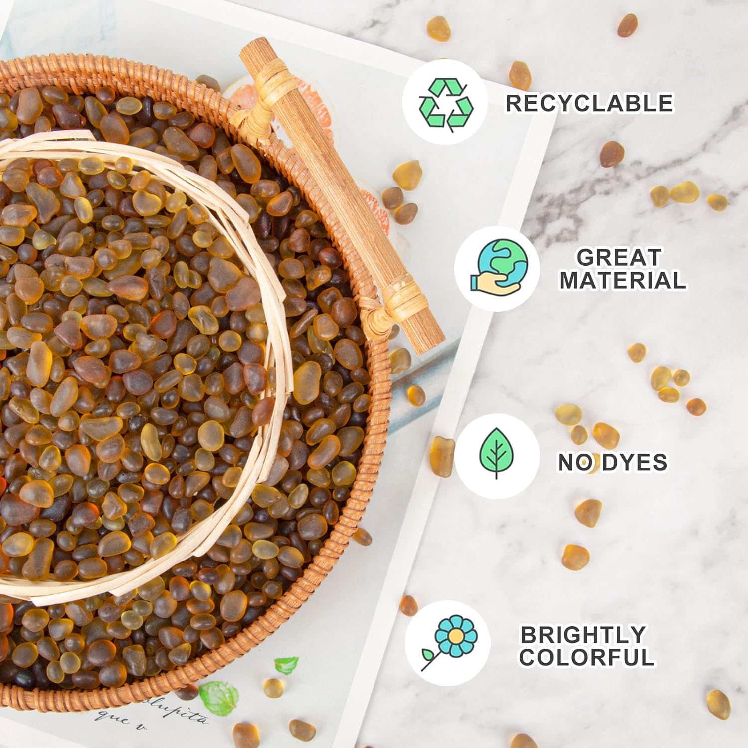 QEQEKAKA Sea Glass Stones for Crafts About 1LB (405g/14.28oz) Brownish Yellow Glass Pebbles Gemstones Bulk for Aquarium Rocks Fish Tank Gravel Green Filler for Vases Centerpieces