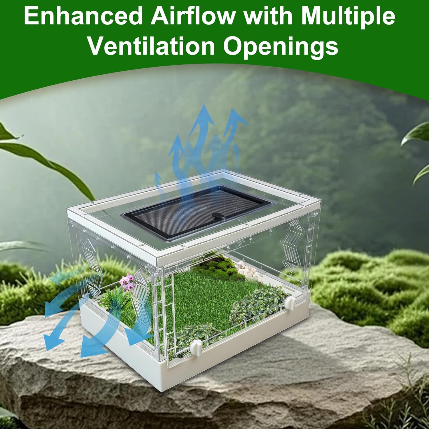 Folding Reptile Terrarium 17" × 12" × 10" – Portable Clear Habitat Tank with Front Opening Door & Ventilation, Easy Assembly for Geckos, Lizards, Snakes, Turtles, Spiders & Amphibians