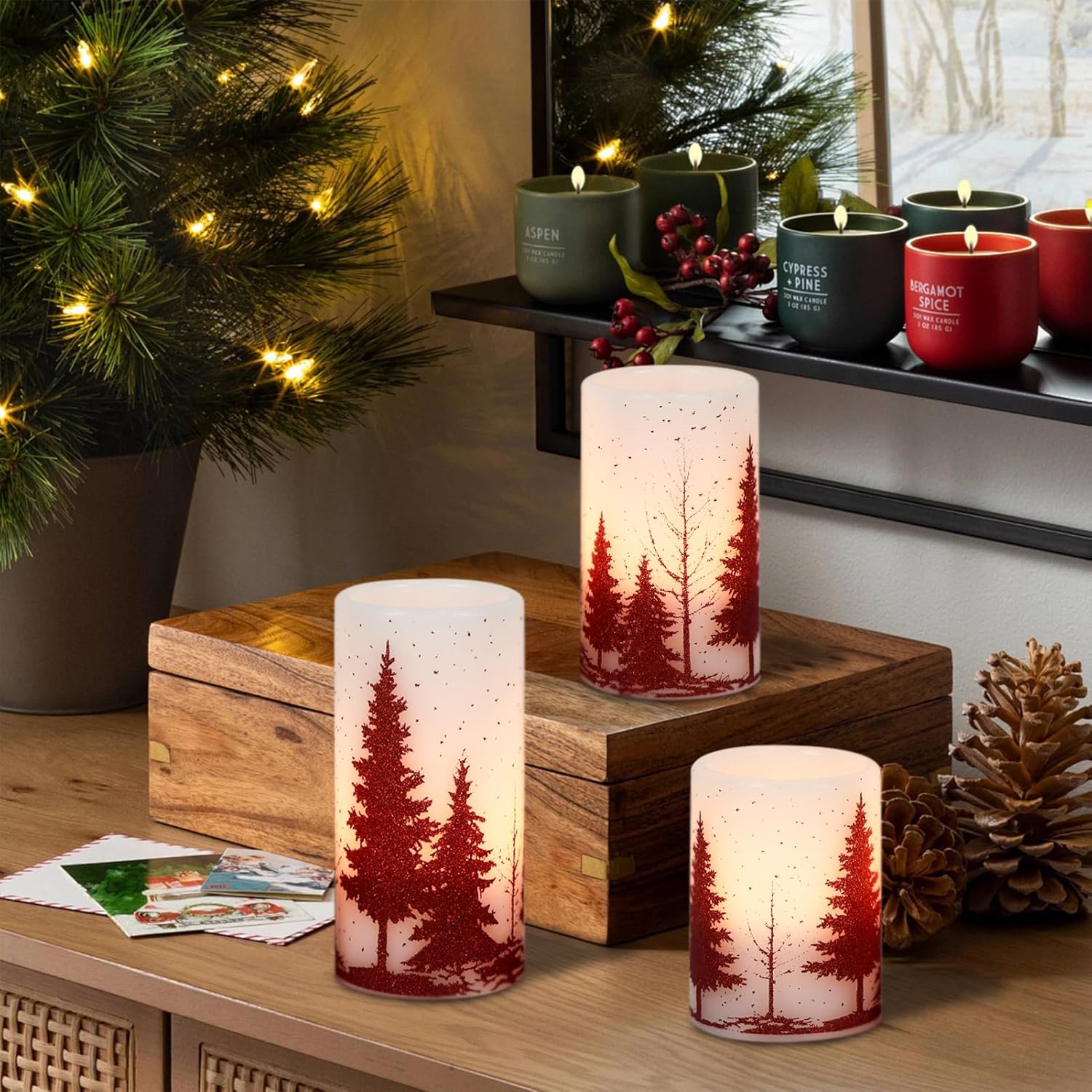 GenSwin Christmas Flameless Candles with Timer, Red Christmas Tree LED Flickering Candles Real Wax, 3 Pack Pillar Fake Candle for Winter Indoor Fireplace Christmas Decor Table(D3” x H4”5”6”)