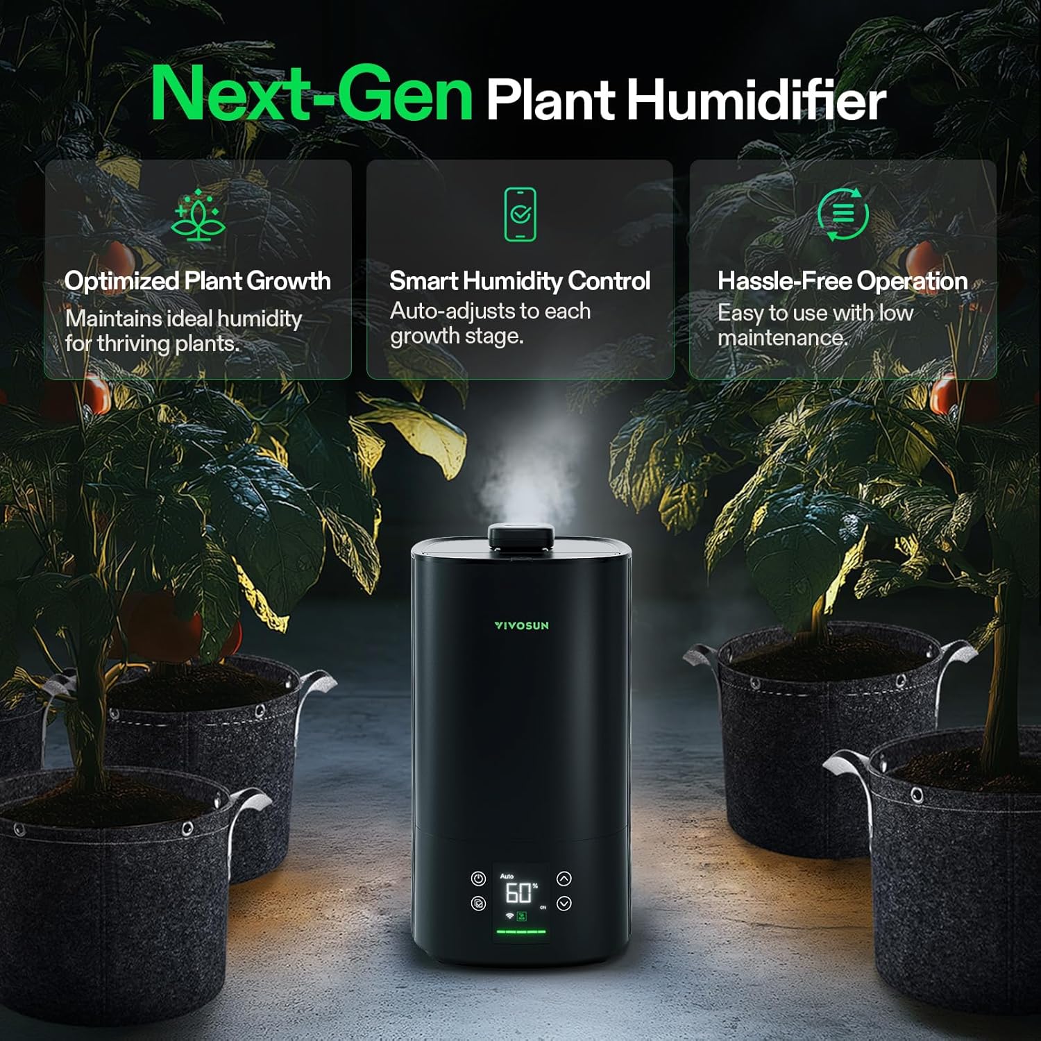 VIVOSUN AeroStream H05 Intelligent Wi-Fi Humidifier, 1.32 Gal / 5 L Humidifier with Temp & Humidity Probe, Smart Remote Control, Designed for Growers