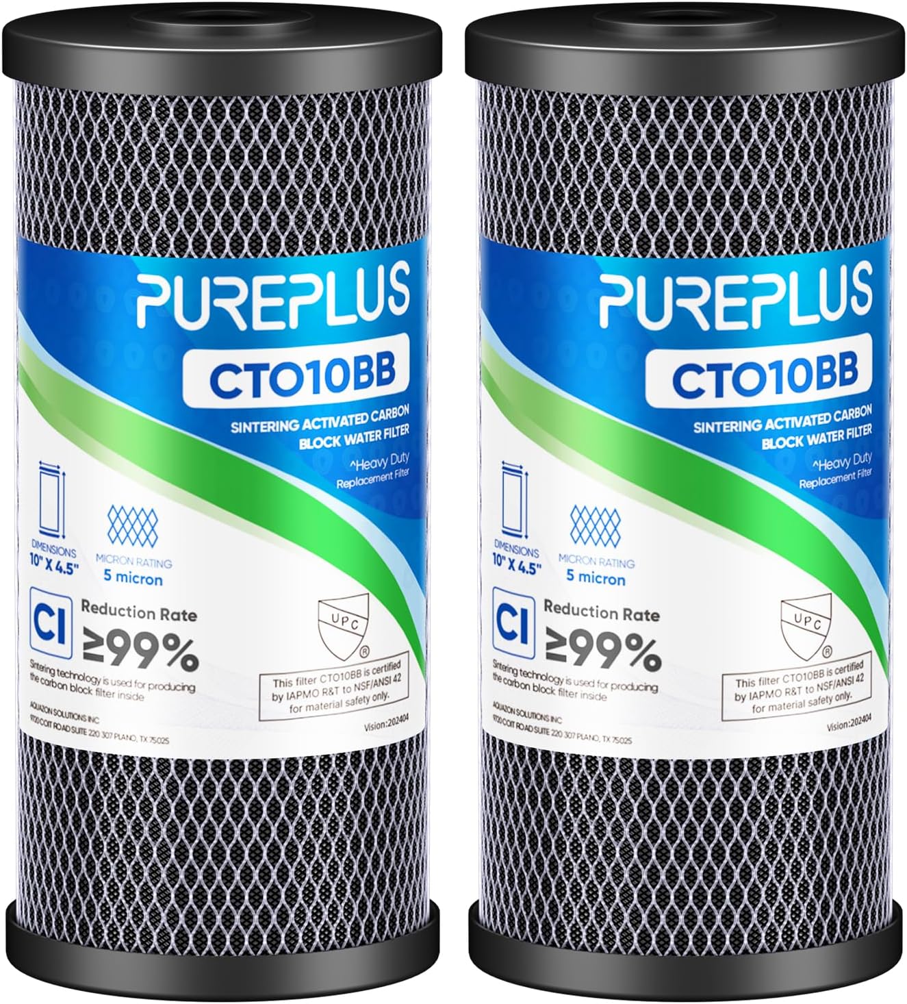 PUREPLUS 5 Micron 10" x 4.5" Whole House CTO Coconut Shell Activated Carbon Water Filter Replacement Cartridge for Dupont WFHDC8001, CB-BB-10, GE FXHTC, GXWH40L, GXWH35F, GNWH38S, CTO10BB, 2PACK