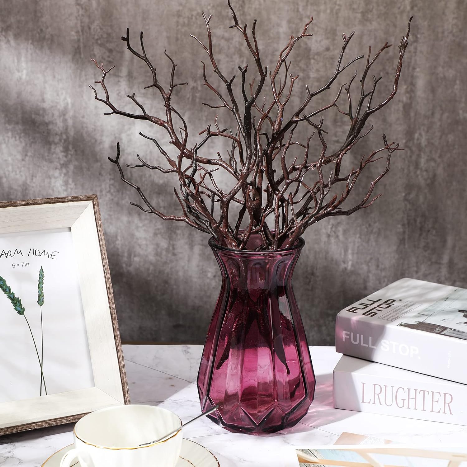 Geosar 13.8 Inch Small Manzanita Branches Plastic Faux Branches Artificial Antler Shaped Tree Branch Decorative Plant Twigs for Home Wedding Table Centerpiece Festival Decors(Dark Brown,10 Pieces)