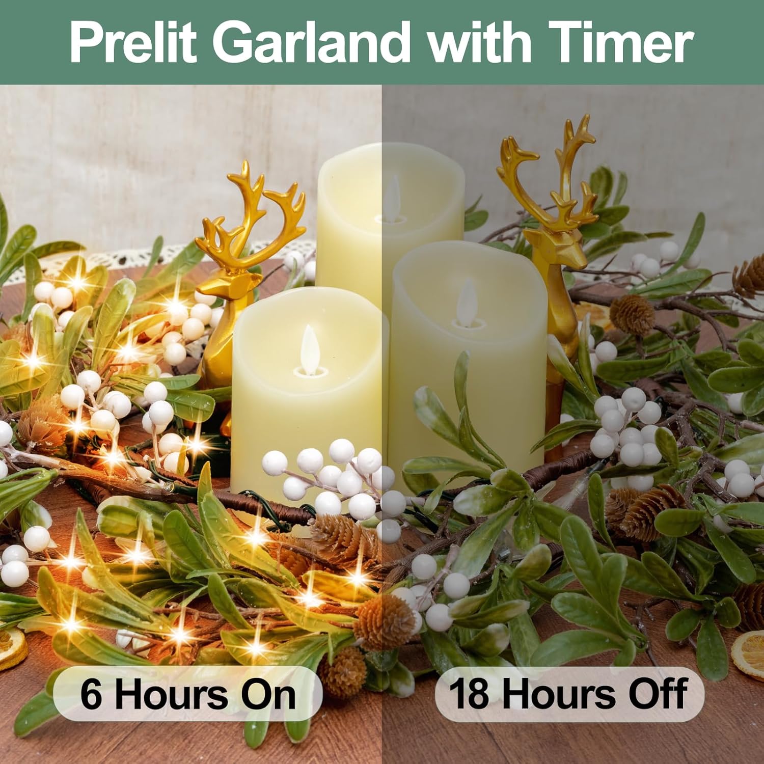 6.5FT Christmas Garland with Star Lights,Prelit Christmas Decorations,Lighted Garland with Battery Operated,Denser Realistic Olive Leaves Greenery Home Decor for Mantle Fireplace Table Indoor Outdoor