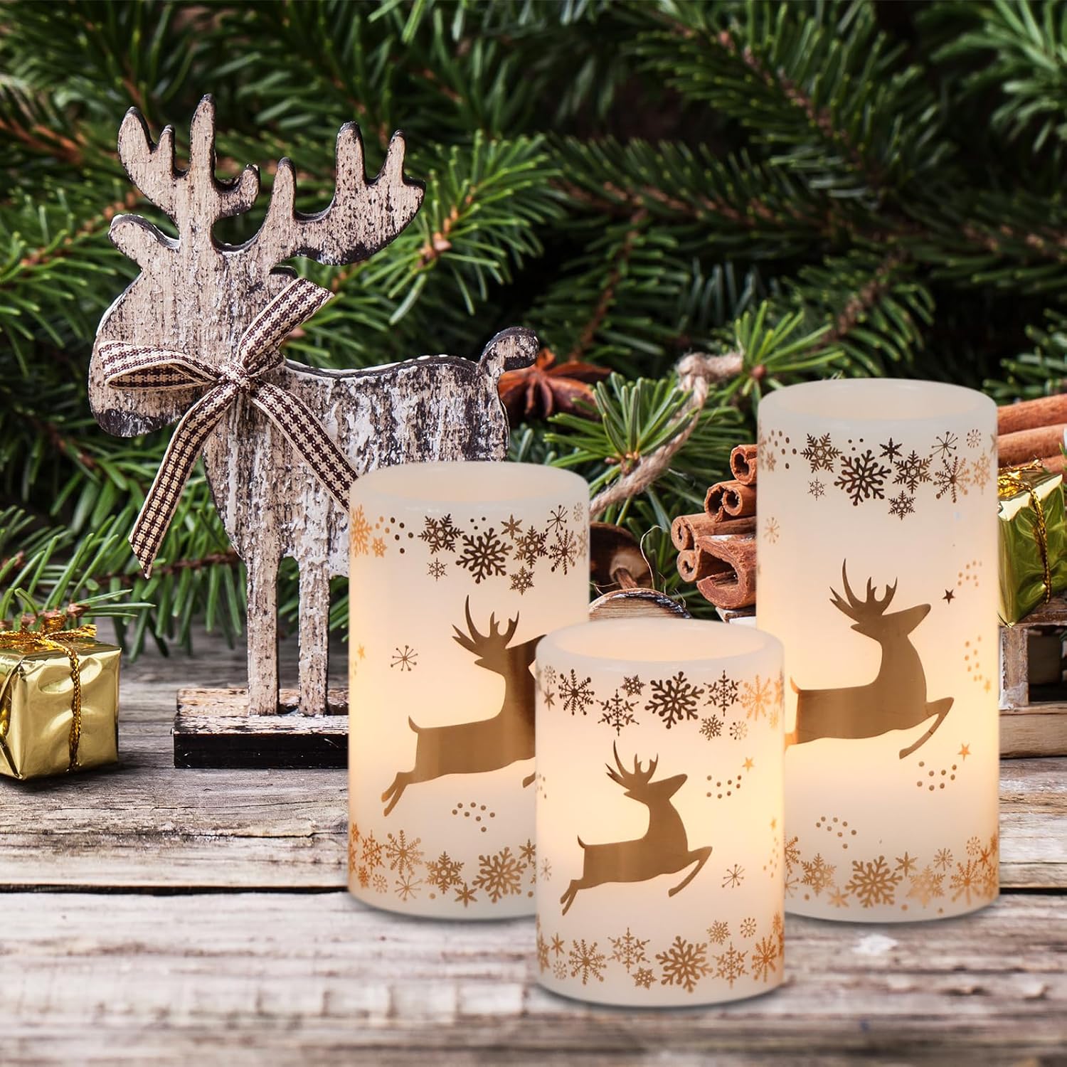 GenSwin Christmas Flameless LED Flickering Candles, Real Wax, Gold Deer, 3 Pack Pillar Fake Candles for Winter Indoor Fireplace Decor (D3' x H4'5'6')