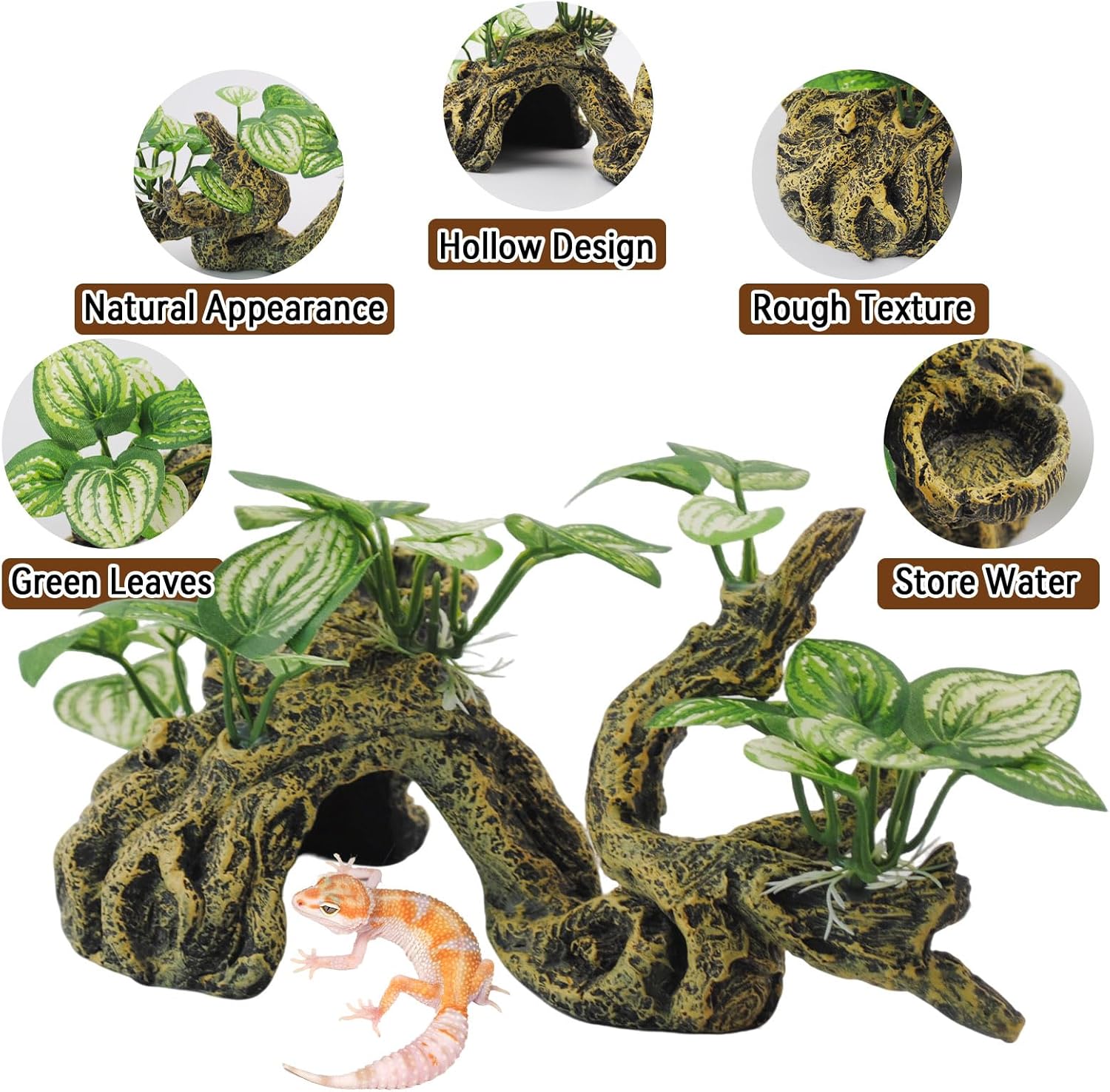 PINVNBY Resin Branch for Reptile Tank,Crested Gecko Climbing Branches with Hideout Cave Bearded Dragon Tank Accessories Lizard Terrarium Habitat Plant Decorations for Snake Gecko Spider Frog(Bronze)