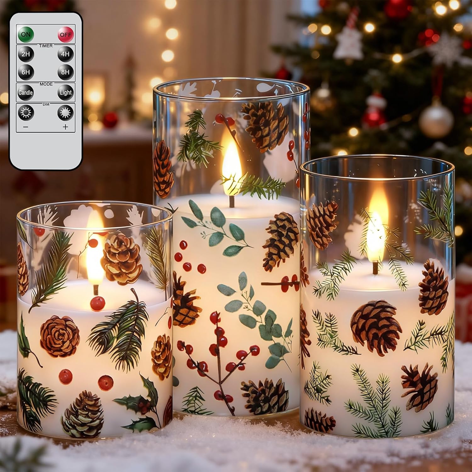 GenSwin Christmas Flameless Candles Battery Operated with Pinecone Decals, 3 Pcs Glass Flameless Candles with Remote Timer and 3D Flickering Flame for Christmas Holiday Decor(Set of 3, D3” x 4”5”6”)