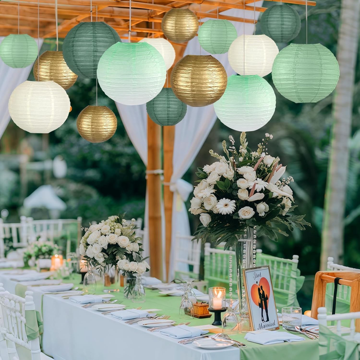 Paper Lanterns Decorative, Gradient Sage Green Round Hanging Paper Lantern Decorations for Wedding Bridal Shower Graduation Anniversary Sage Green Birthday Party, 15Pcs