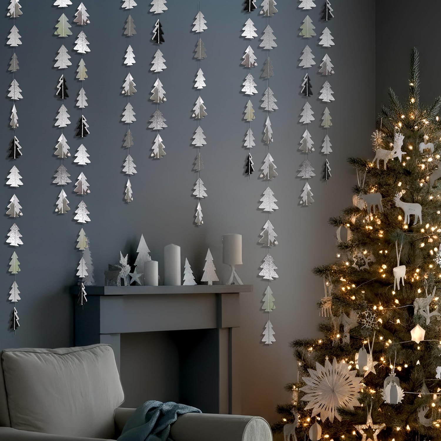 Cheerland Silver Tree Garland for Woodland Theme Party Decoration Xmas Christmas Hanging Streamer Backdrop Ceiling Tree Garland Decor for Baby Shower Christmas Camping Birthday Party Decorations