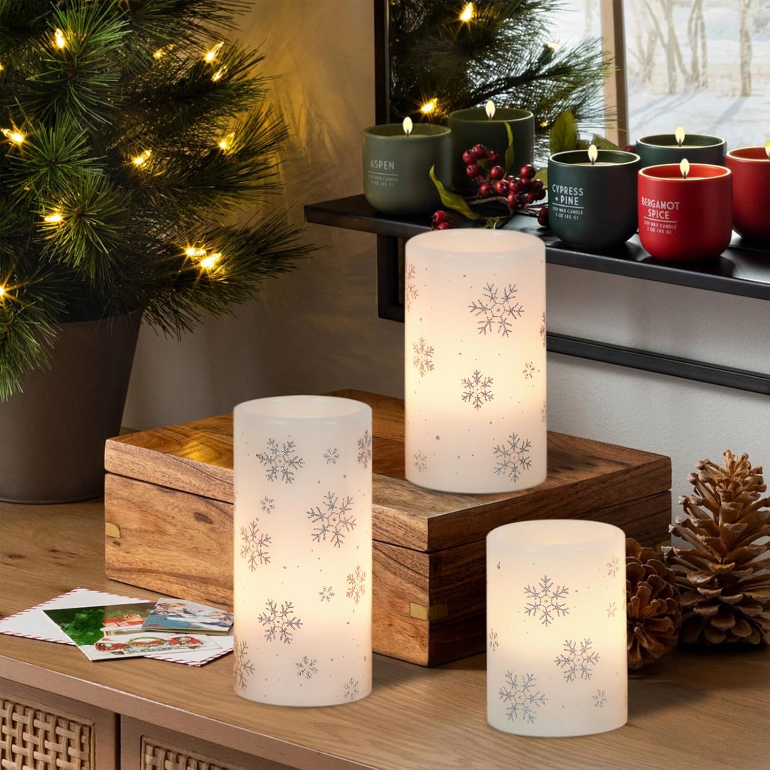 GenSwin Christmas Flameless Candles with Timer, LED Flickering Candles Real Wax with Silver Snowflake Decals, 3 Pack Pillar Candle for Winter Indoor Fireplace Christmas Decor(D3” x H4”5”6”)