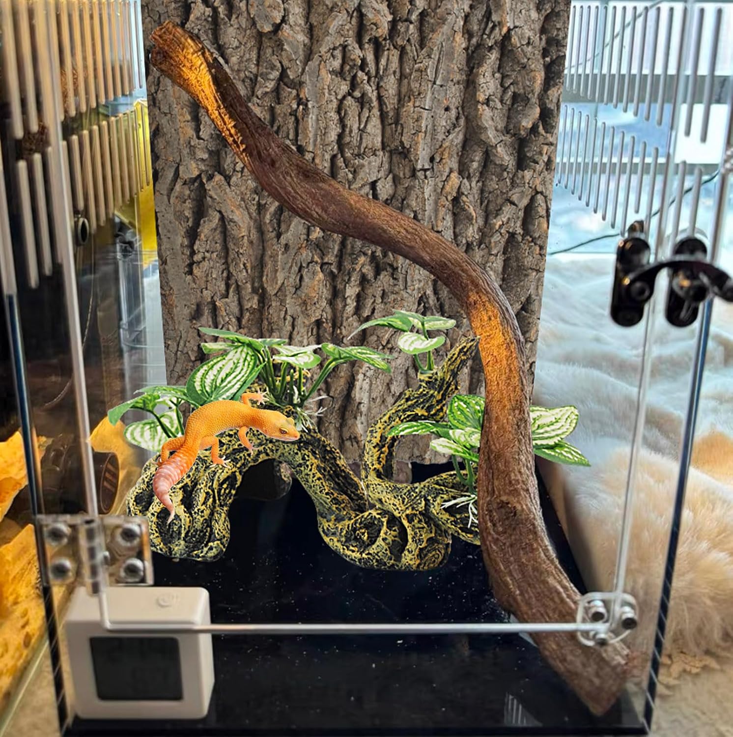 PINVNBY Resin Branch for Reptile Tank,Crested Gecko Climbing Branches with Hideout Cave Bearded Dragon Tank Accessories Lizard Terrarium Habitat Plant Decorations for Snake Gecko Spider Frog(Bronze)