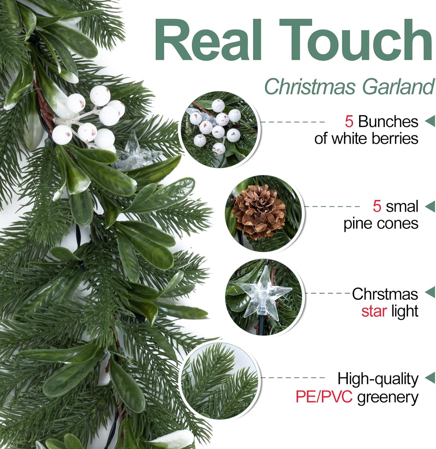 6.5FT Christmas Garland with Star Lights,Prelit Christmas Decorations,Lighted Garland with Battery Operated,Realistic olive & pine needles Greenery Home Decor for Mantle Fireplace Table Indoor Outdoor