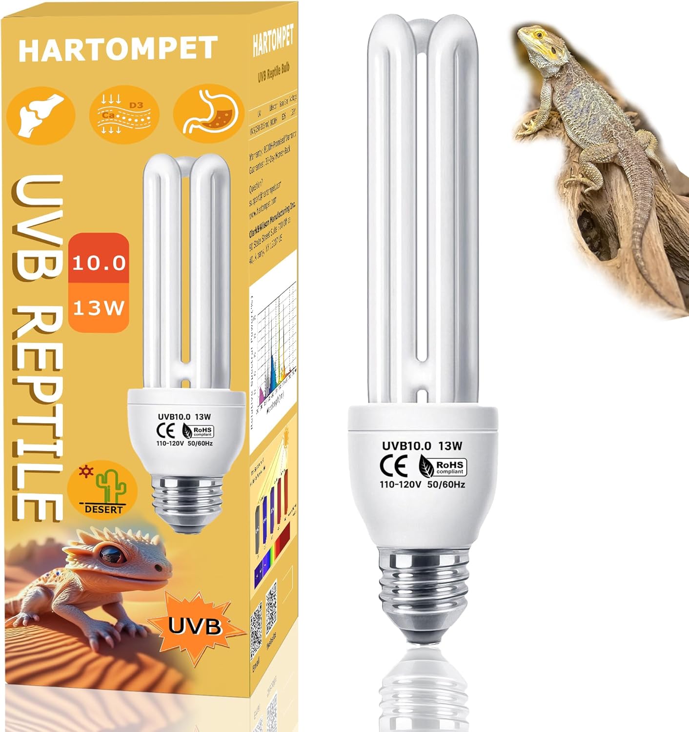 UVB Linear Tube Bulb 10.0, 13W - Desert Terrarium Lamp, Compact Fluorescent Lamp, Suit for Bearded Dragon, Leopard Gecko, Tortoise & All Desert-Dwelling Reptiles Habitat Lighting