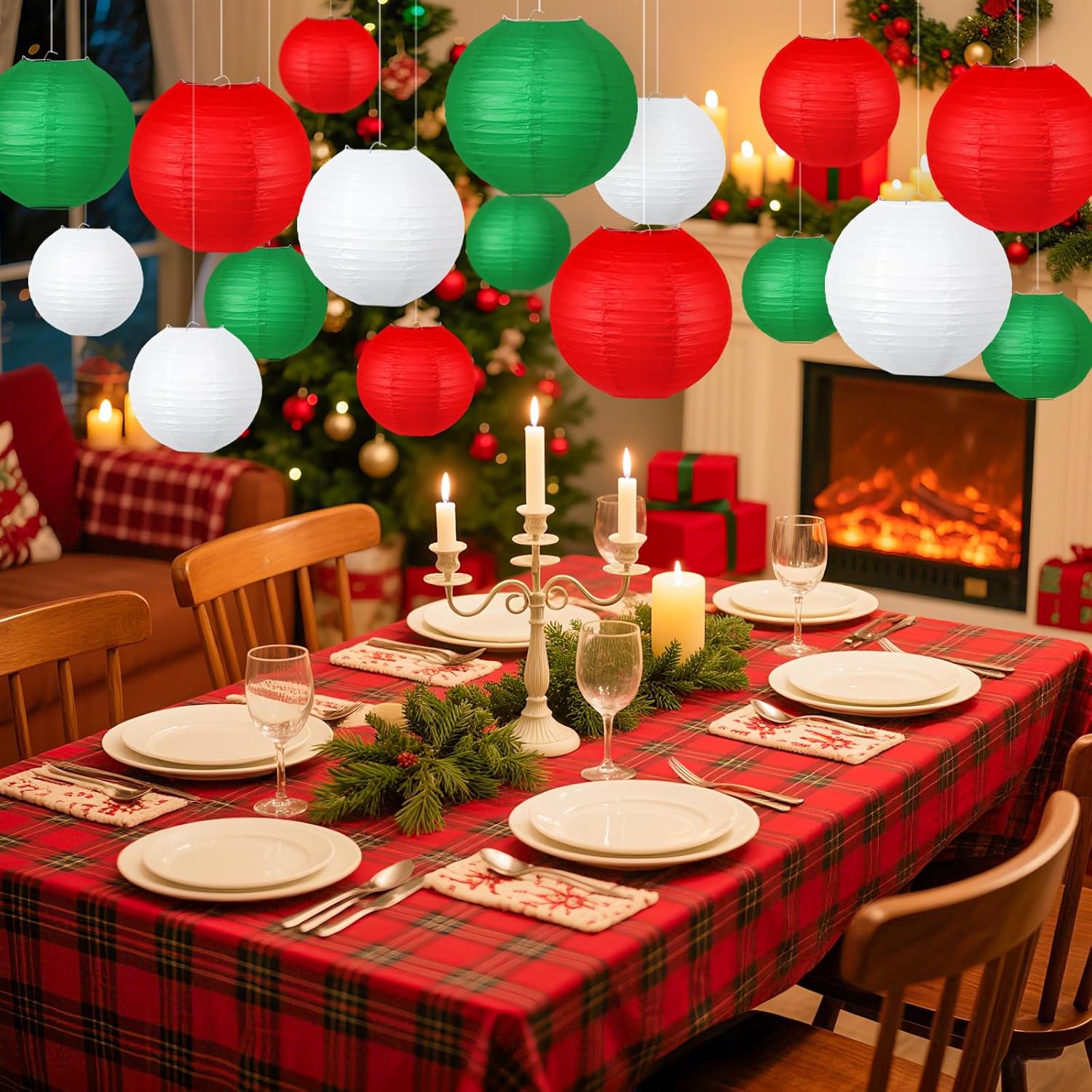 Christmas Party Decorations, Red White Green Hanging Paper for Xmas Party New Year's Eve Christmas Theme Birthday Italian Party Decor Yard Garden，15pcs
