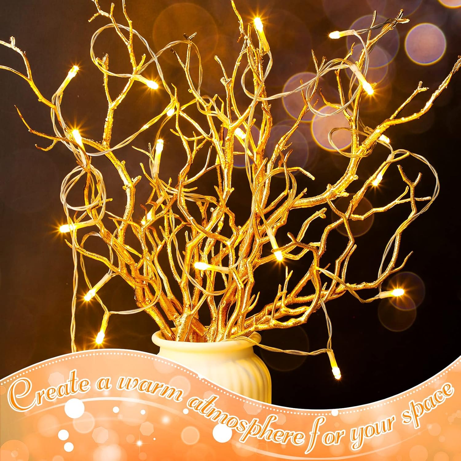 Geosar 13.8 Inch Small Manzanita Branches Plastic Faux Branches Artificial Antler Shaped Tree Branch Decorative Plant Twigs for Home Wedding Table Centerpiece Festival Decors(Gold,10 Pieces)