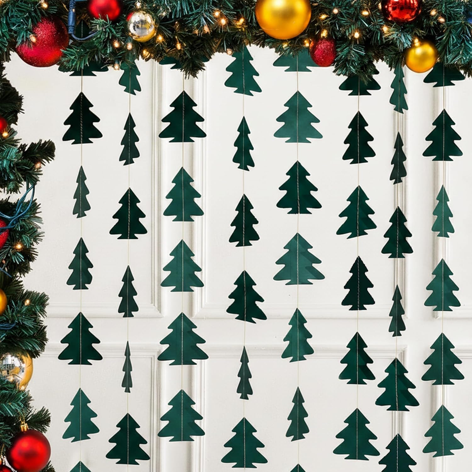 Cheerland Christmas Tree Garland Camping Decorations for Woodland Theme Baby Shower Birthday Party Decoration Xmas Hanging Nature Streamer Backdrop Green Pine Tree Garland Classroom Glamping Decor