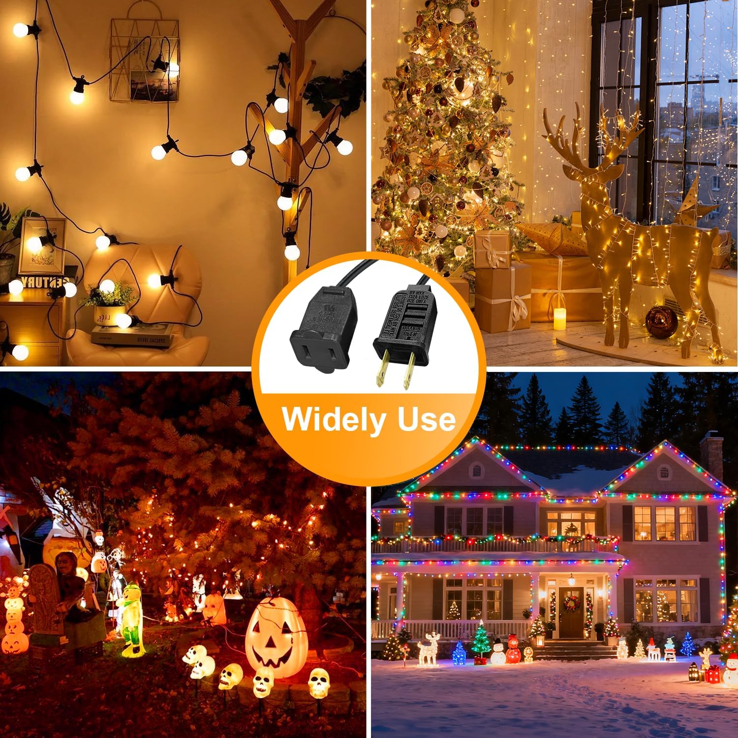 #18 Gauge Black Extension Cord 6 Ft, Polarized Plug 2 Prong Extension Cord for Christmas Lights Indoor Outdoor Waterproof, 120Volts / 8Amps, Connect Up to 960Watts Holiday Light (3 Pack,Total 18Ft)