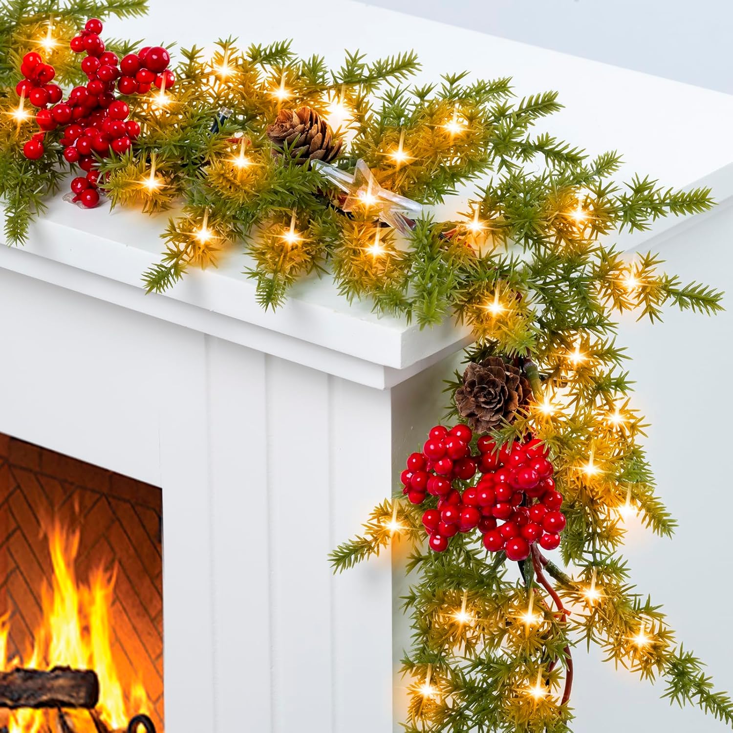 6.5FT Christmas Garland with Star Lights,Prelit Christmas Decorations,Lighted Garland with Battery Operated, Realistic Small Thorny Pine Greenery Home Decor for Mantle Fireplace Table Indoor Outdoor