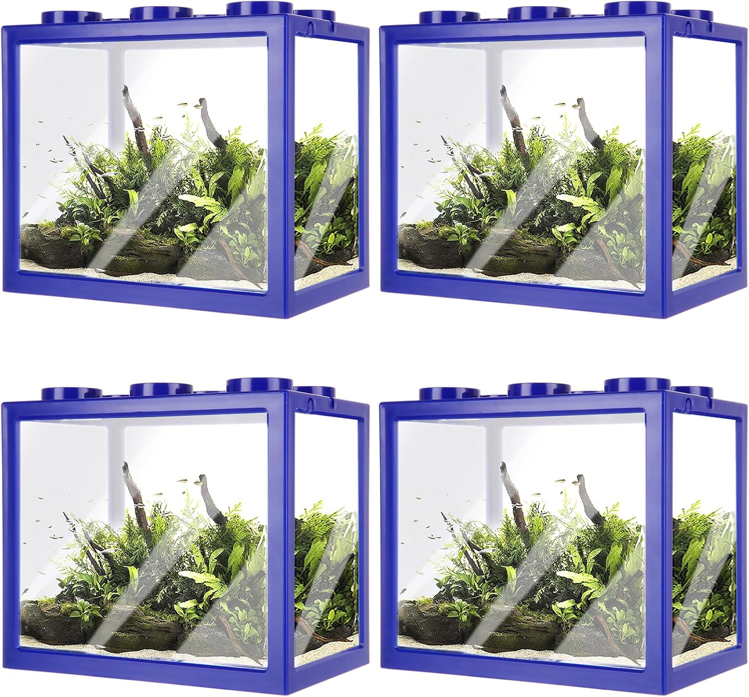 4PCS Plastic Small Betta Fish Tank, 0.6 Gallon Stackable Fish Bowl, Cube Fish Aquarium Tank for Shrimp, Turtle, Small Crab (Blue)
