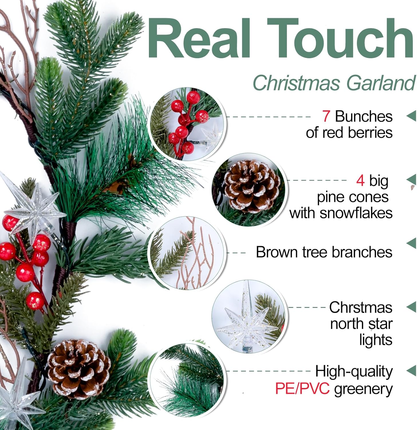 6.5FT Christmas Garland with Star Lights,Prelit Christmas Decorations,Lighted Garland with Battery Operated,Denser Realistic Pine Needles Greenery Home Decor for Mantle Fireplace Table Indoor Outdoor