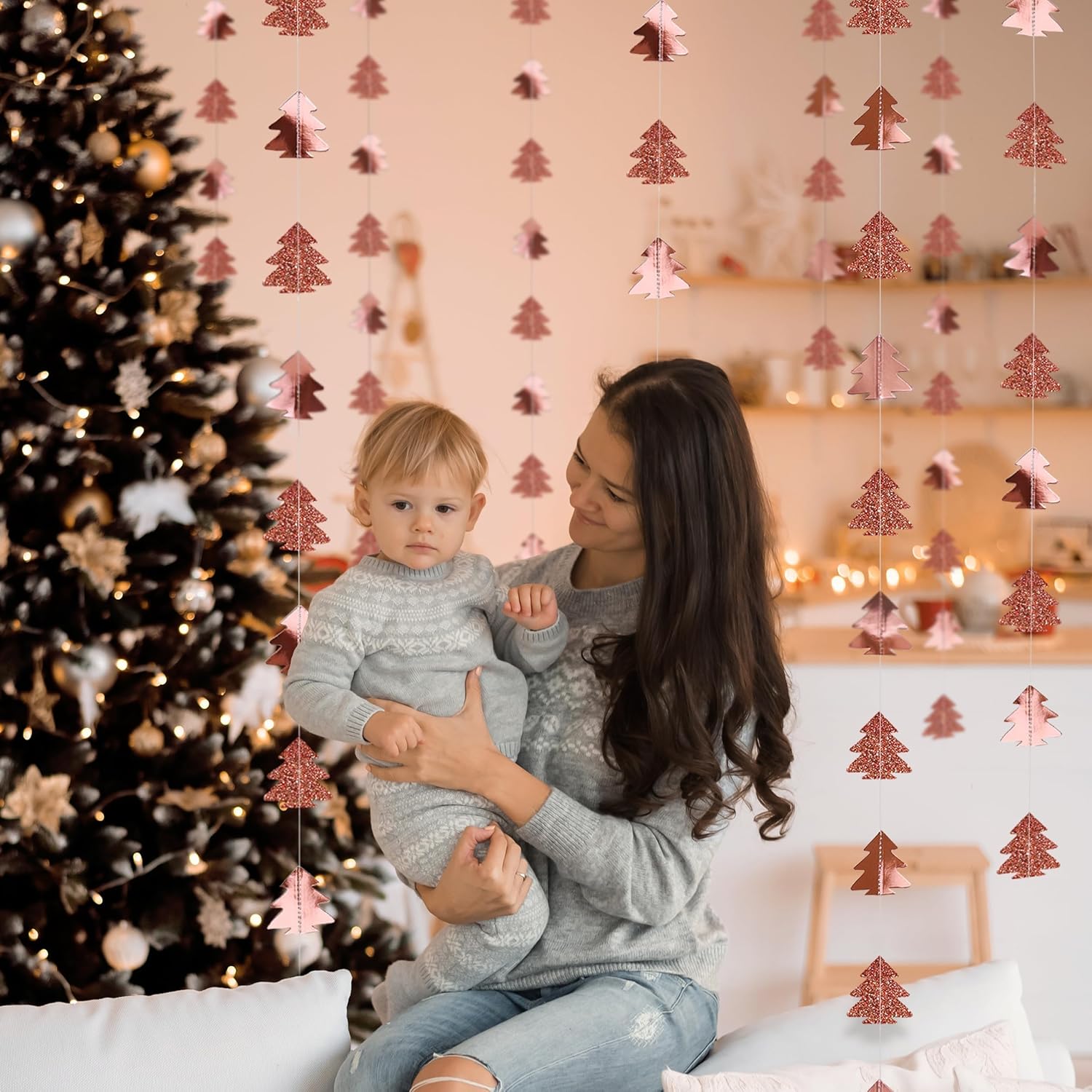 Cheerland Rose Gold Tree Garland Christmas Streamer Woodland Theme Party Decoration Xmas Hanging Backdrop Tree Banner Decor for Winter Birthday Party Christmas New Year Decorations