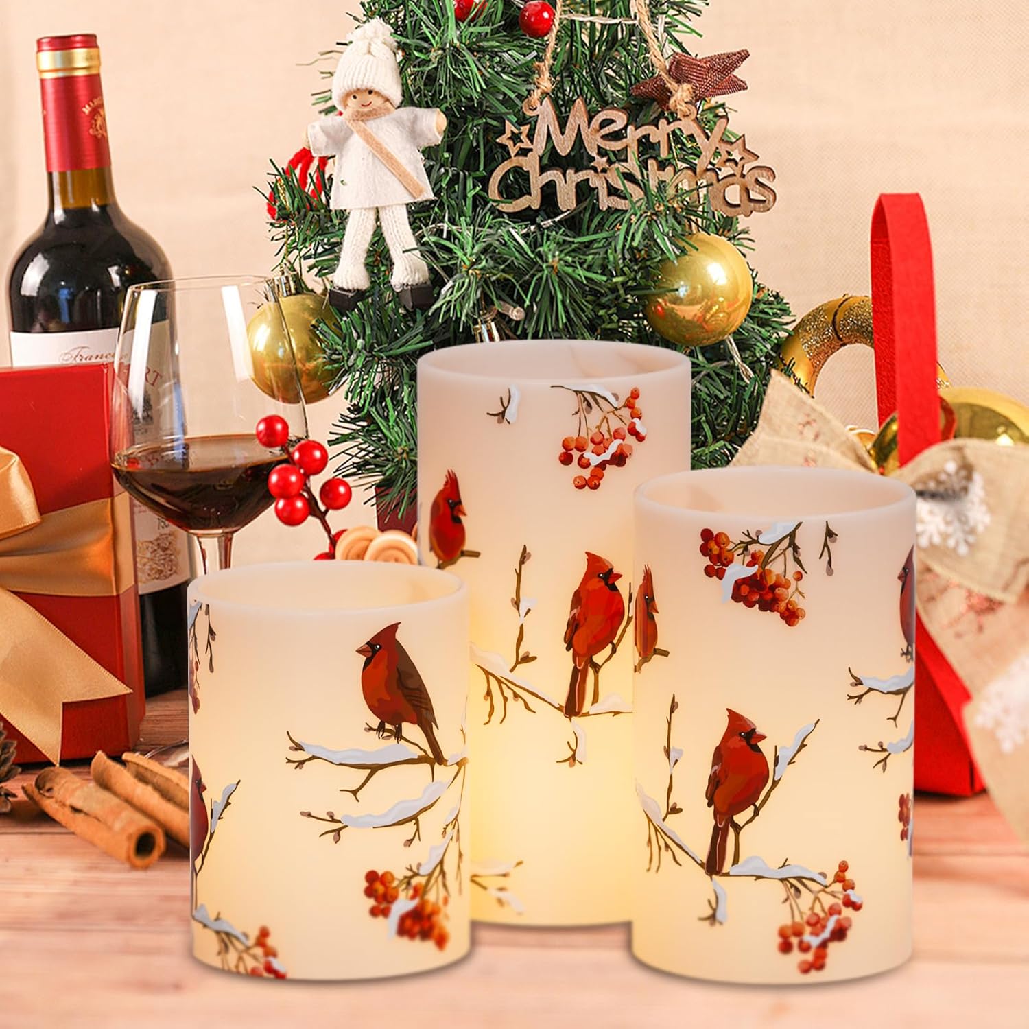 GenSwin Red Bird Flameless Candles with Timer, LED Candles with 3D Wick, Real Wax Pillar Candles for Halloween Christmas Indoor Decorations(D3” x H4”5”6”)