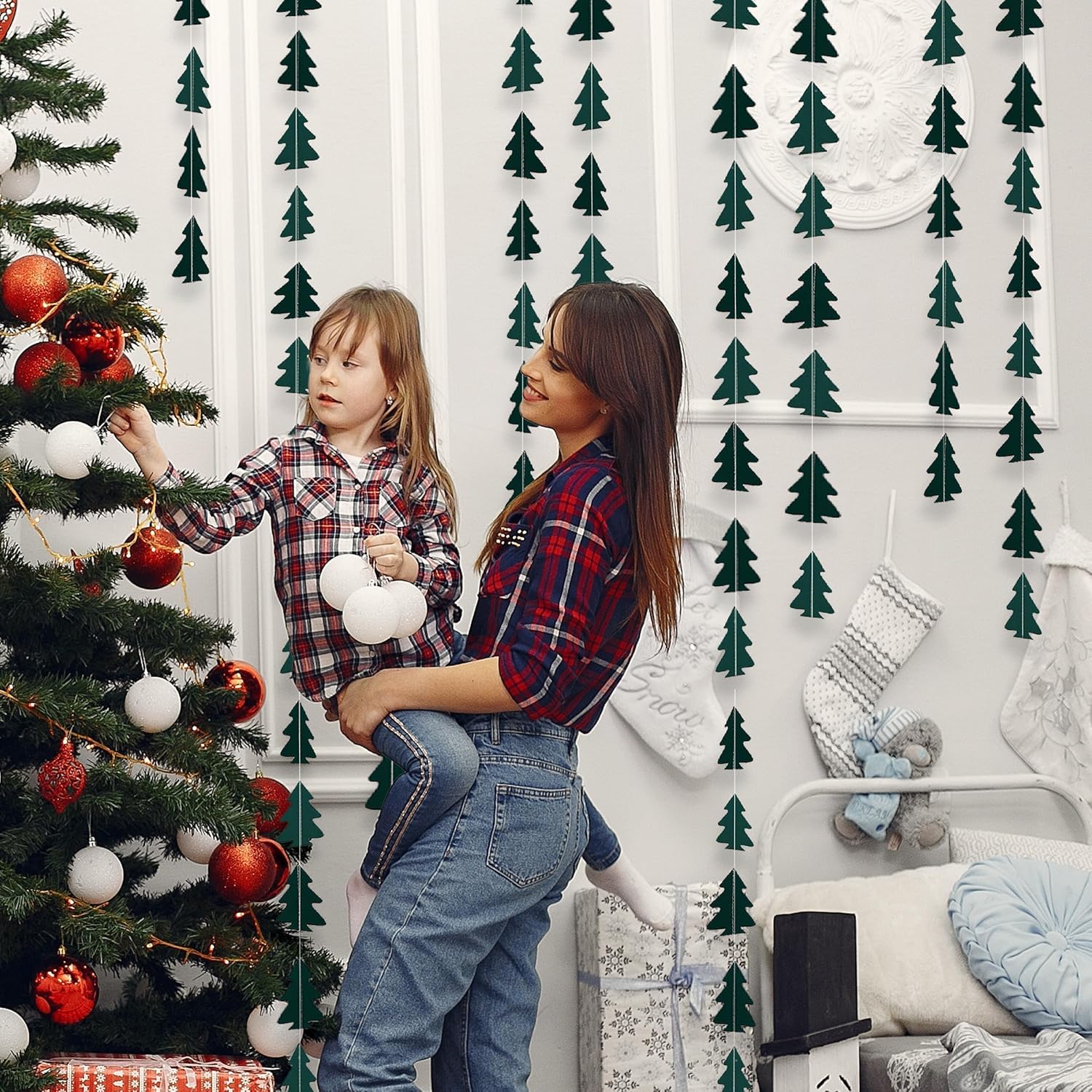 Cheerland Christmas Tree Garland Camping Decorations for Woodland Theme Baby Shower Birthday Party Decoration Xmas Hanging Nature Streamer Backdrop Green Pine Tree Garland Classroom Glamping Decor