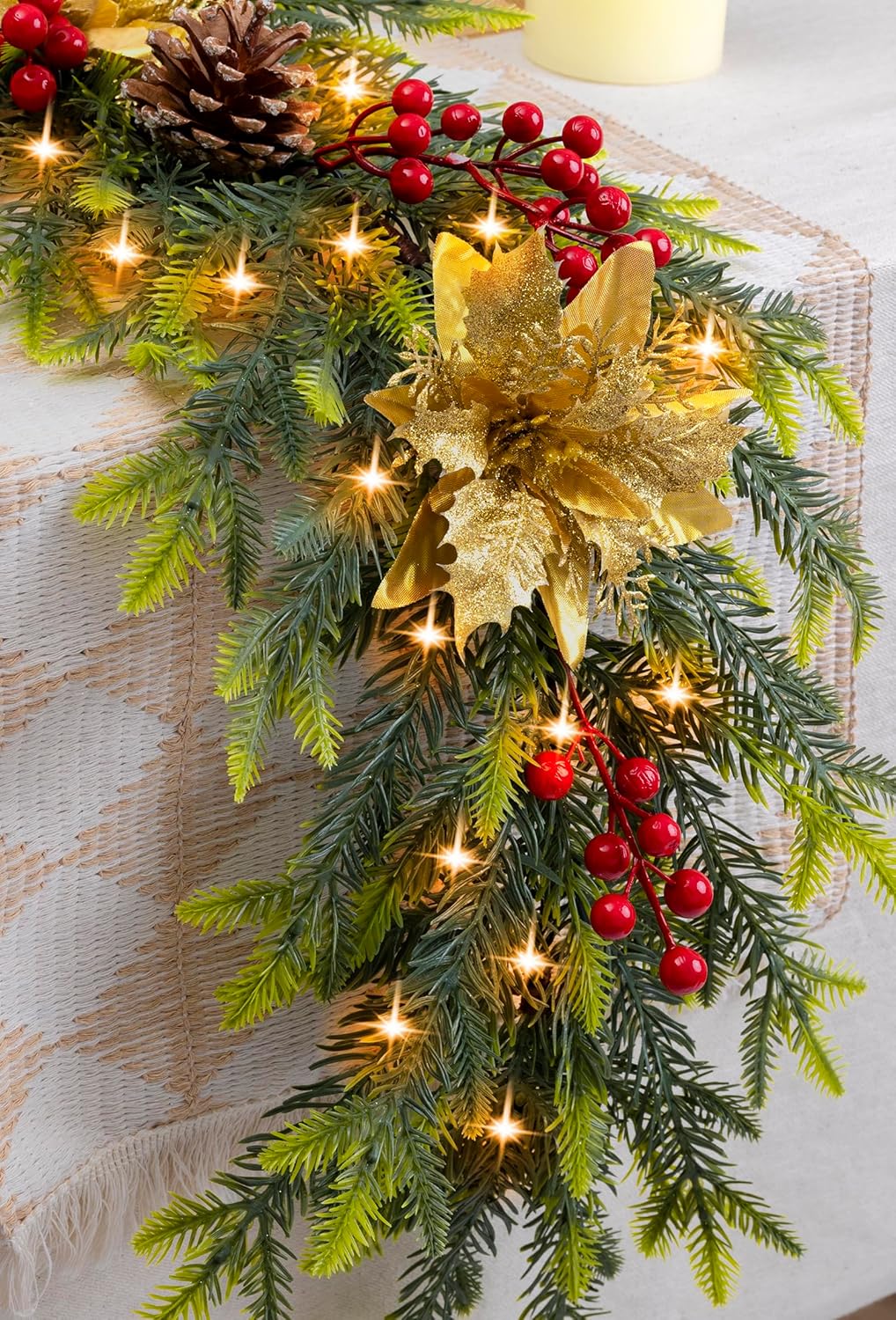 6.5FT Christmas Garland with Star Lights,Prelit Christmas Decorations,Lighted Garland with Battery Operated,Golden Flower Denser Realistic Gradient Xmas Greenery,Home Decor for Mantle Fireplace Table