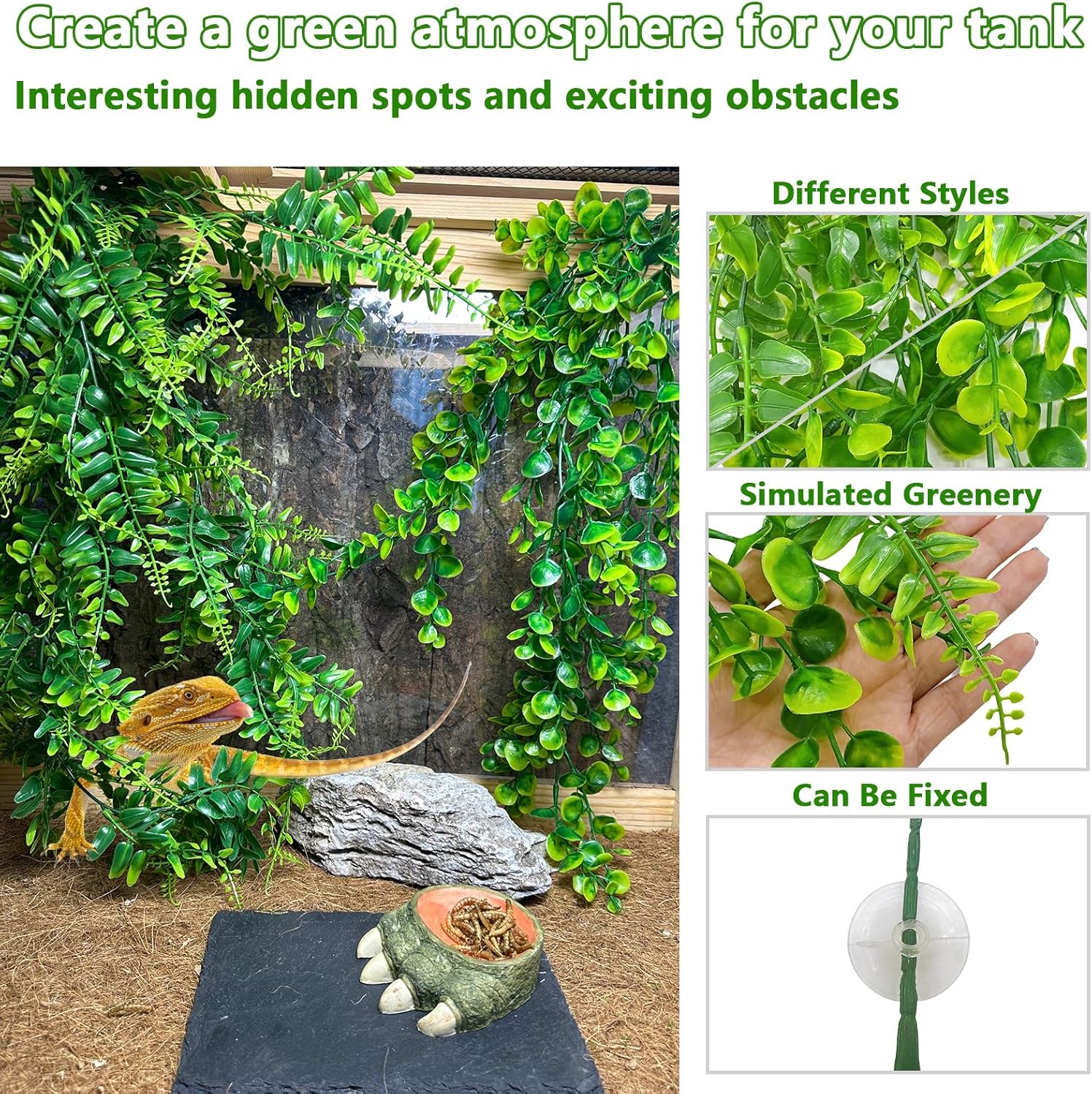 kathson Reptile Corner Branch & Hanging Plants Decor, Bearded Dragons Climbing Vine Branches,Tank Climb Branch with Terrarium Plant Accessories Ornament for Amphibians, Lizards, Snakes, Geckos, Frogs