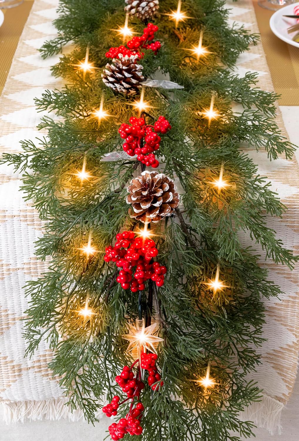 6.5FT Christmas Garland with Star Lights,Prelit Christmas Decorations,Lighted Garland with Battery Operated,Denser Realistic Cypress Xmas Greenery Home Decor for Mantle Fireplace Table Indoor Outdoor