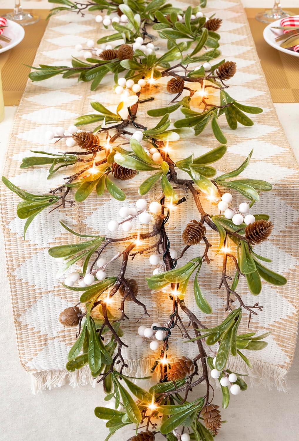 6.5FT Christmas Garland with Star Lights,Prelit Christmas Decorations,Lighted Garland with Battery Operated,Denser Realistic Olive Leaves Greenery Home Decor for Mantle Fireplace Table Indoor Outdoor