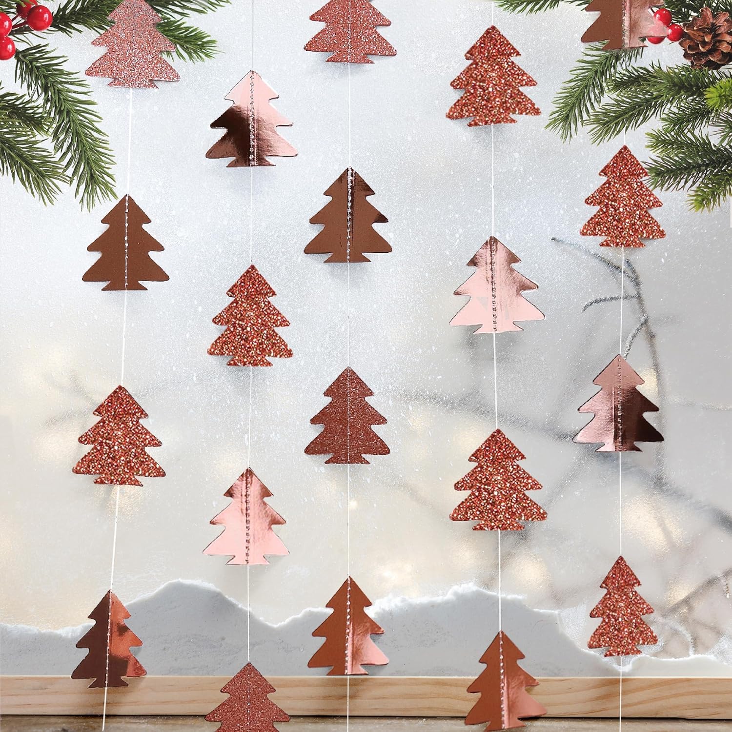 Cheerland Rose Gold Tree Garland Christmas Streamer Woodland Theme Party Decoration Xmas Hanging Backdrop Tree Banner Decor for Winter Birthday Party Christmas New Year Decorations
