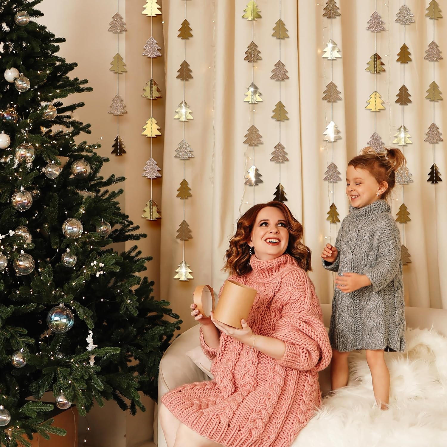 Cheerland Champagne Gold Tree Garland for Hanging Christmas Decorations Baby Shower Woodland Theme Party Decoration Christmas Streamers Backdrop Tree Garland Decor for Birthday Party New Year