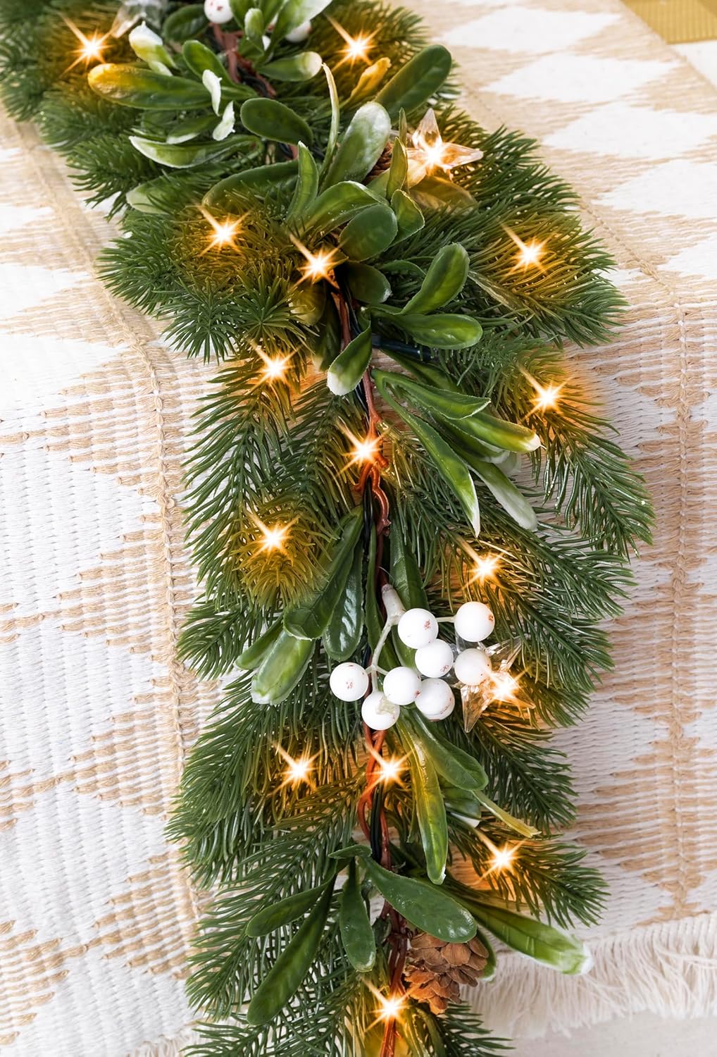 6.5FT Christmas Garland with Star Lights,Prelit Christmas Decorations,Lighted Garland with Battery Operated,Realistic olive & pine needles Greenery Home Decor for Mantle Fireplace Table Indoor Outdoor