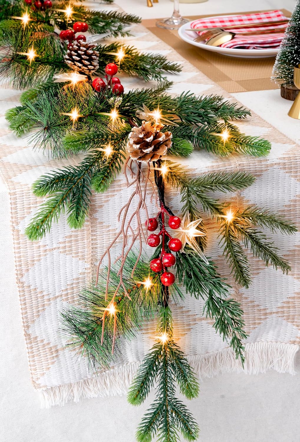 6.5FT Christmas Garland with Star Lights,Prelit Christmas Decorations,Lighted Garland with Battery Operated,Denser Realistic Pine Needles Greenery Home Decor for Mantle Fireplace Table Indoor Outdoor