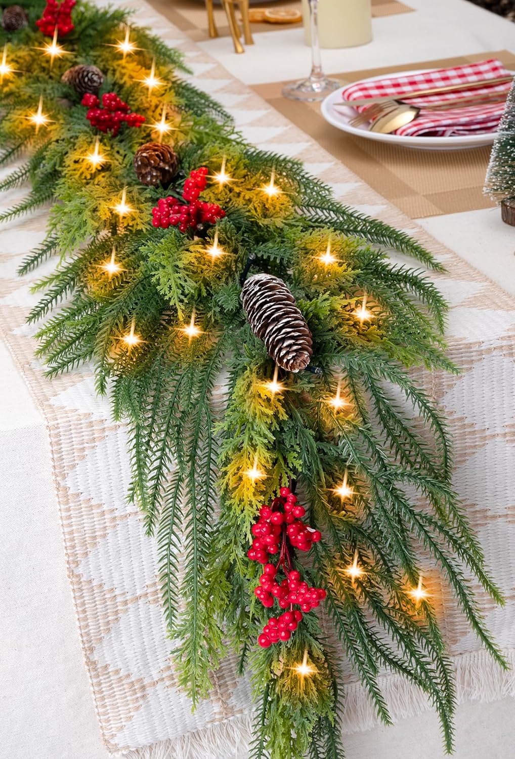 6.5FT Christmas Garland with Lights,Prelit Christmas Decorations,Lighted Garland with Battery Operated,Denser Realistic Norfolk Pine & Cypress Greenery Home Decor for Mantle Fireplace Table