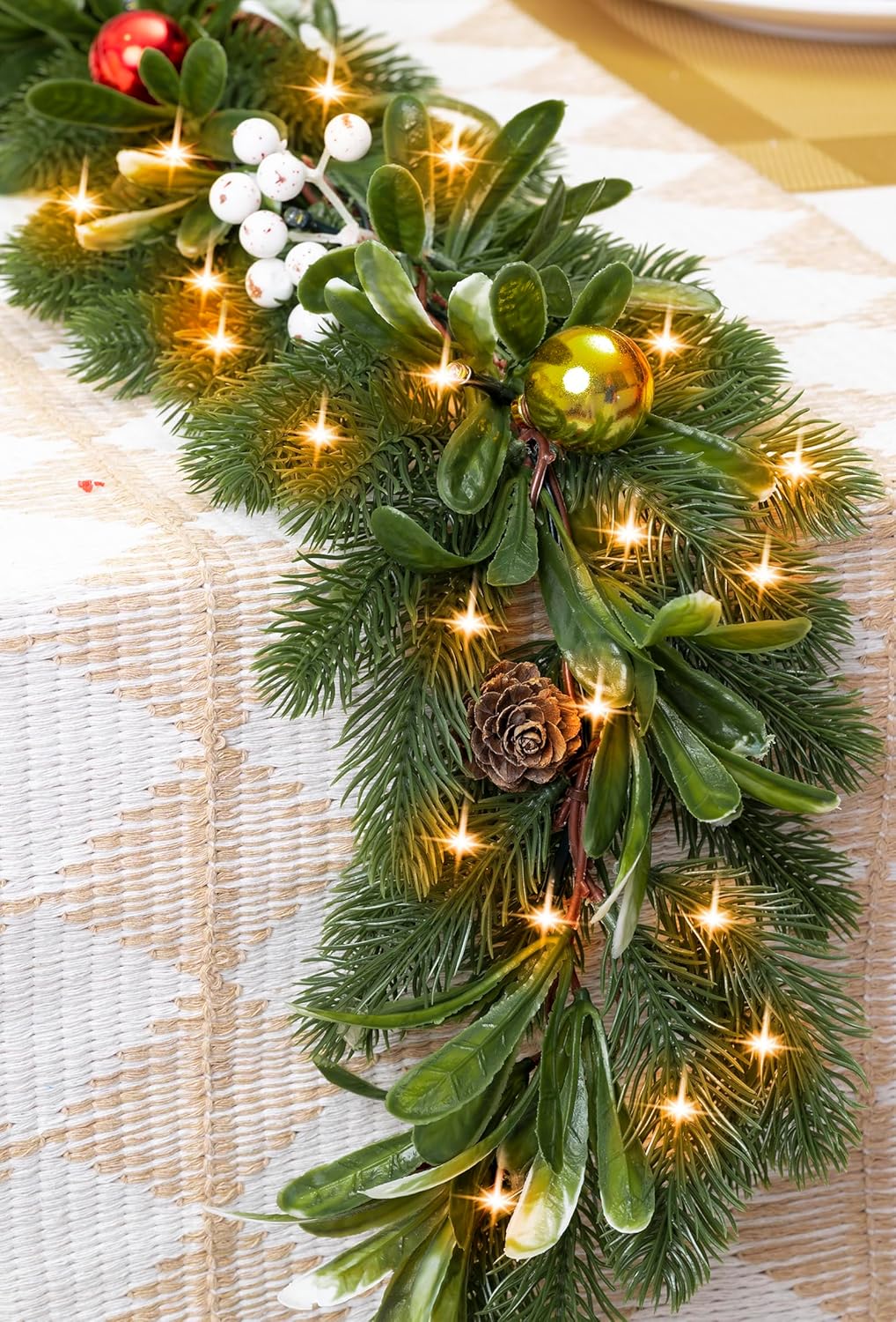 6.5FT Christmas Garland with Lights,Prelit Christmas Decorations,Lighted Garland with Battery Operated,Realistic Olive & Pine Needles Greenery Home Decor for Mantle Fireplace Table Indoor Outdoor
