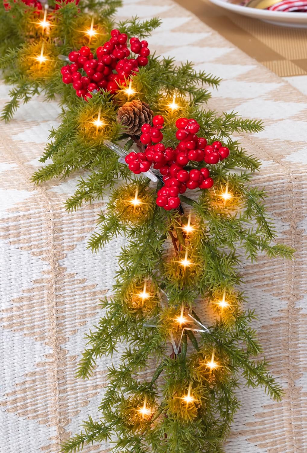 6.5FT Christmas Garland with Star Lights,Prelit Christmas Decorations,Lighted Garland with Battery Operated, Realistic Small Thorny Pine Greenery Home Decor for Mantle Fireplace Table Indoor Outdoor