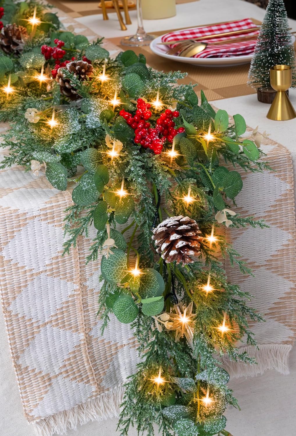 6.5FT Christmas Garland with Star Lights,Prelit Christmas Decorations,Lighted Garland with Battery Operated,Denser Realistic Eucalyptus Greenery Home Decor for Mantle Fireplace Table Indoor Outdoor